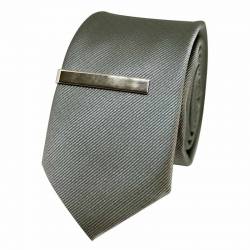 Cravate fine grise homme en soie avec pochette, boutons de manchette et pince à cravate