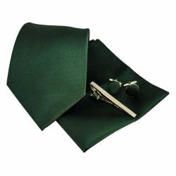 Ensemble de cravate vert forêt en soie avec pochette, pince à cravate et boutons de manchette