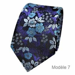 Cravate fleurie noire à motifs violet, bleu turquoise et gris - Modèle 7