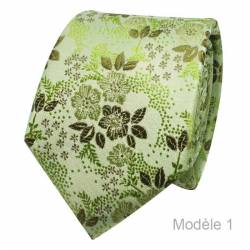 Cravate fleurie vert amande à motifs brun doré, vert argent et vert clair - Modèle 1