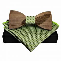 Coffret nœud papillon en bois et pochette assortie verte - La plume