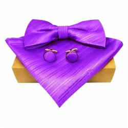Nœud papillon violet en soie avec pochette de costume et boutons de manchette