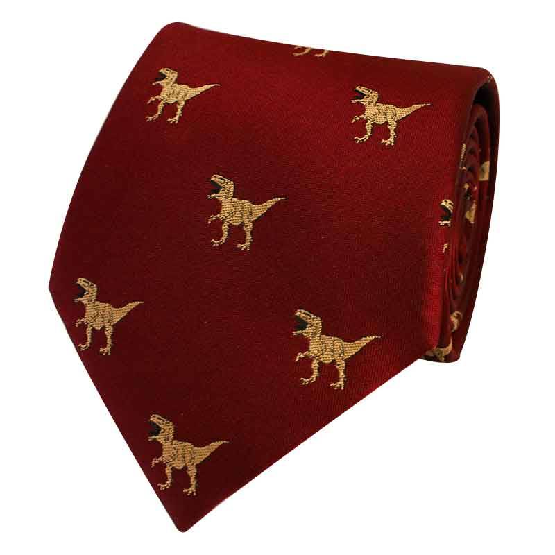 Cravate dinosaure bordeaux en soie avec pochette de costume et boutons de manchette - Originale et chic !