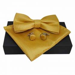 Coffret nœud papillon or avec pochette de costume et boutons de manchette