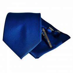 Ensemble cravate bleu royal, pochette de costume, boutons de manchette et pince à cravate