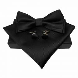 Nœud papillon noir en soie noire avec pochette de costume et boutons de manchette assortis en coffret