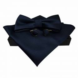 Coffret de nœud papillon bleu marine en soie avec pochette assortie et boutons de manchette