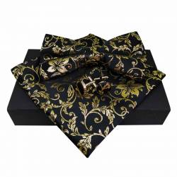 Nœud papillon noir et or en soie, avec pochette de costume et boutons de manchette