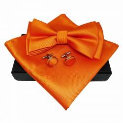 Ensemble nœud papillon orange, pochette de costume et boutons de manchette en coffret 100% soie