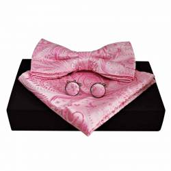Nœud papillon rose pâle en soie avec pochette de costume assortie et boutons de manchette