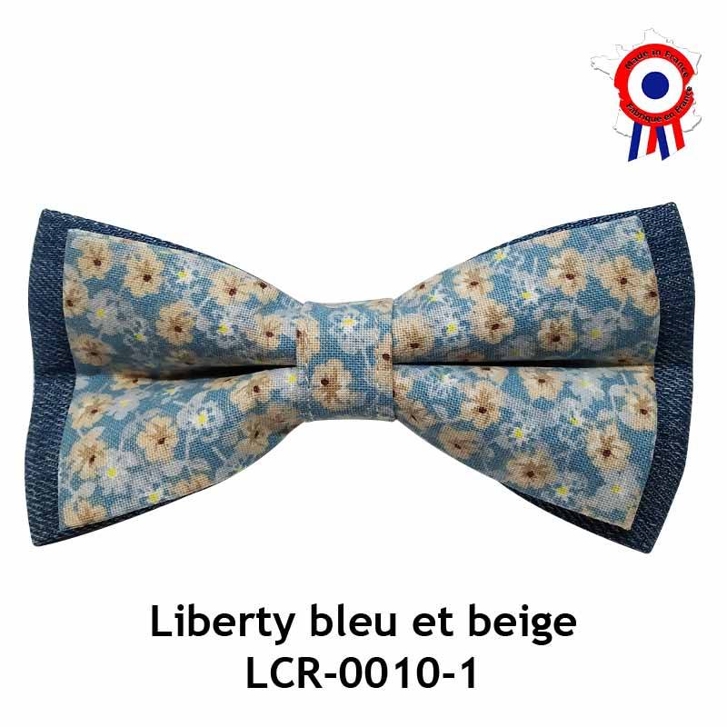 Nœud papillon en jean et tissu liberty bleu / beige