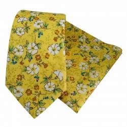 Cravate jaune clair à fleurs blanches, avec pochette de costume