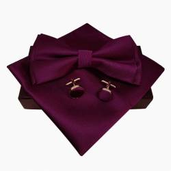 Nœud papillon violet foncé en soie, avec pochette et boutons de manchette assortis
