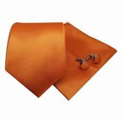 Cravate orange corail avec pochette de costume et boutons de manchette