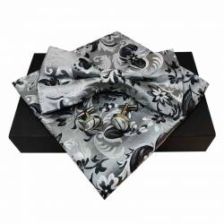 Nœud papillon argenté à motifs fleuris noirs, en soie avec pochette de costume et boutons de manchette