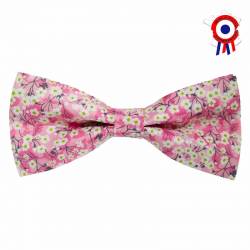 Nœud papillon liberty rose clair à fleurs blanches - made in France