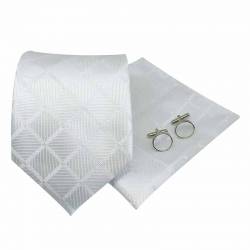 Cravate blanche avec pochette de costume et boutons de manchette