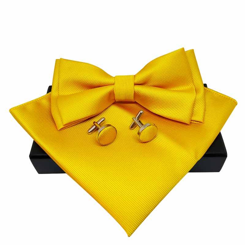 Ensemble de nœud papillon jaune en soie avec pochette et boutons de manchette