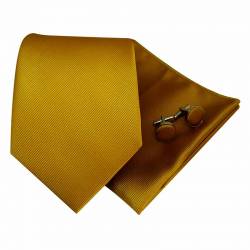 Ensemble cravate jaune moutarde, pochette de costume et boutons de manchette