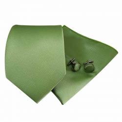 Ensemble cravate vert sauge, pochette de costume et boutons de manchette
