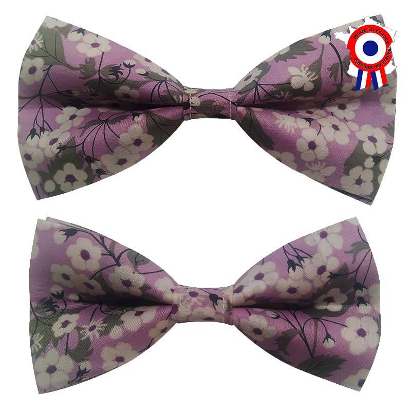 Nœud papillon père et fils en liberty violet clair à fleurs blanches