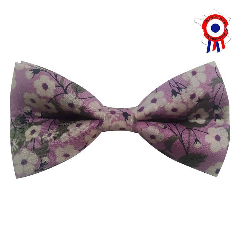 Nœud papillon pour enfant en liberty violet clair à fleurs blanches