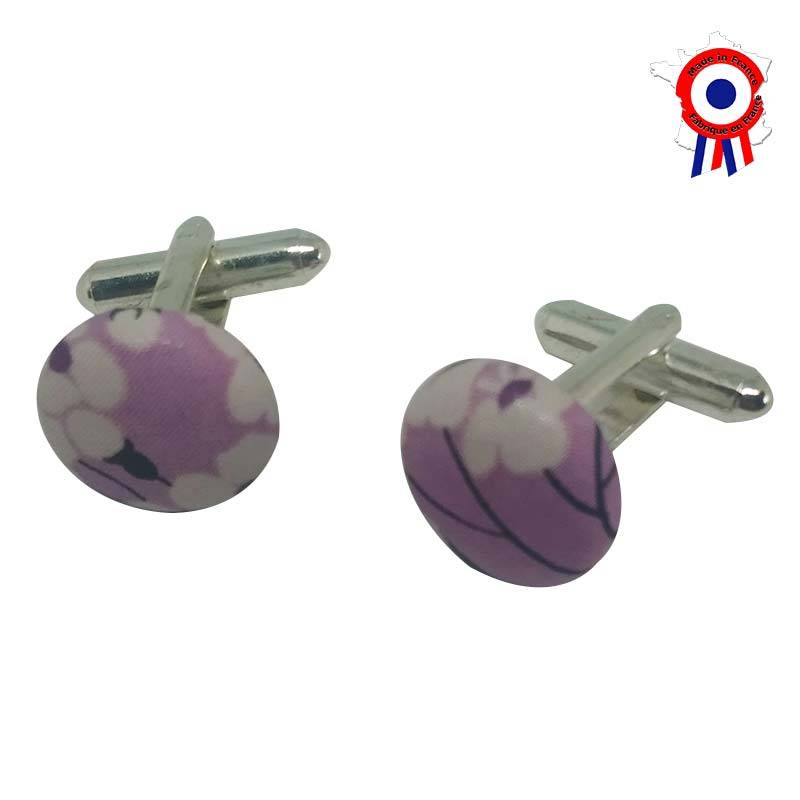 Boutons de manchette en liberty violet clair à fleurs blanches