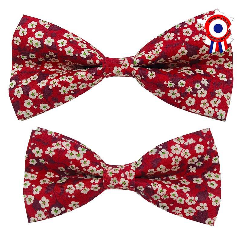 Nœud papillon père et fils en liberty Mitsi Valeria rouge foncé à fleurs blanches