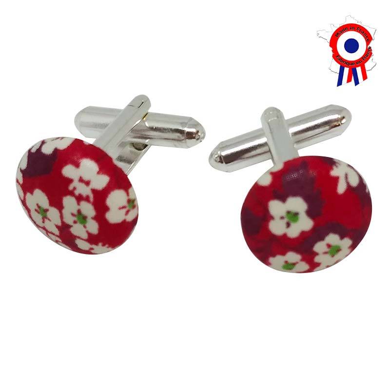 Boutons de manchette en liberty Mitsi Valeria rouge foncé à fleurs blanches