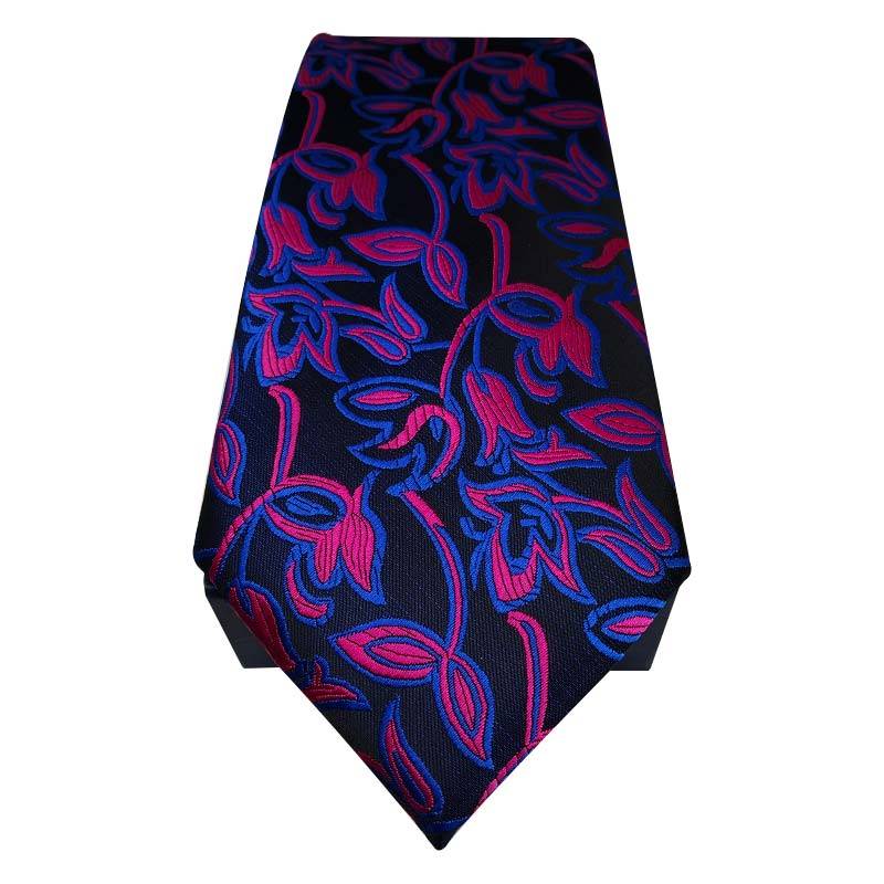 Coffret cravate bleu nuit et rose fuchsia + pochette de costume + boutons de manchette