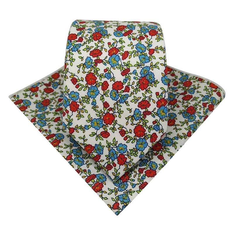Cravate liberty bleu azur et rouge coquelicot avec pochette de costume assortie