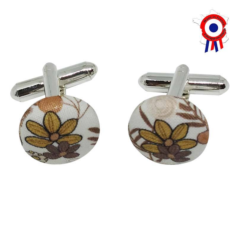 Boutons de manchette en liberty brun sur fond crème