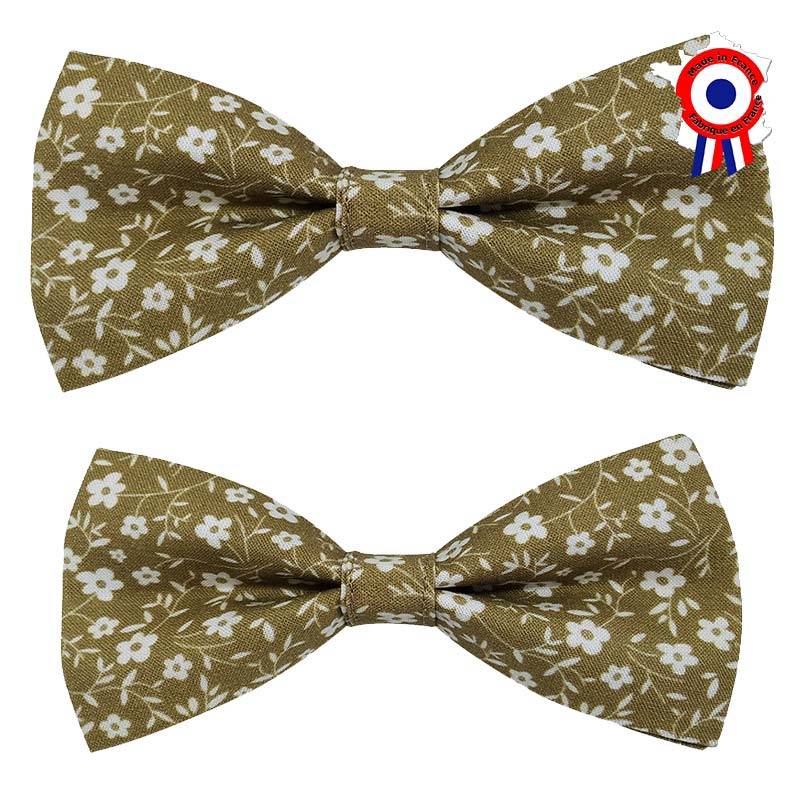 Nœud papillon père et fils vert kaki à fleurs blanches