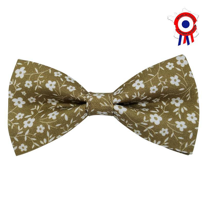 Nœud papillon pour enfant vert kaki à petites fleurs blanches