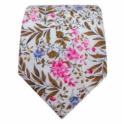 Cravate slim blanche à motif  floral bleu, rose et feuillages moka