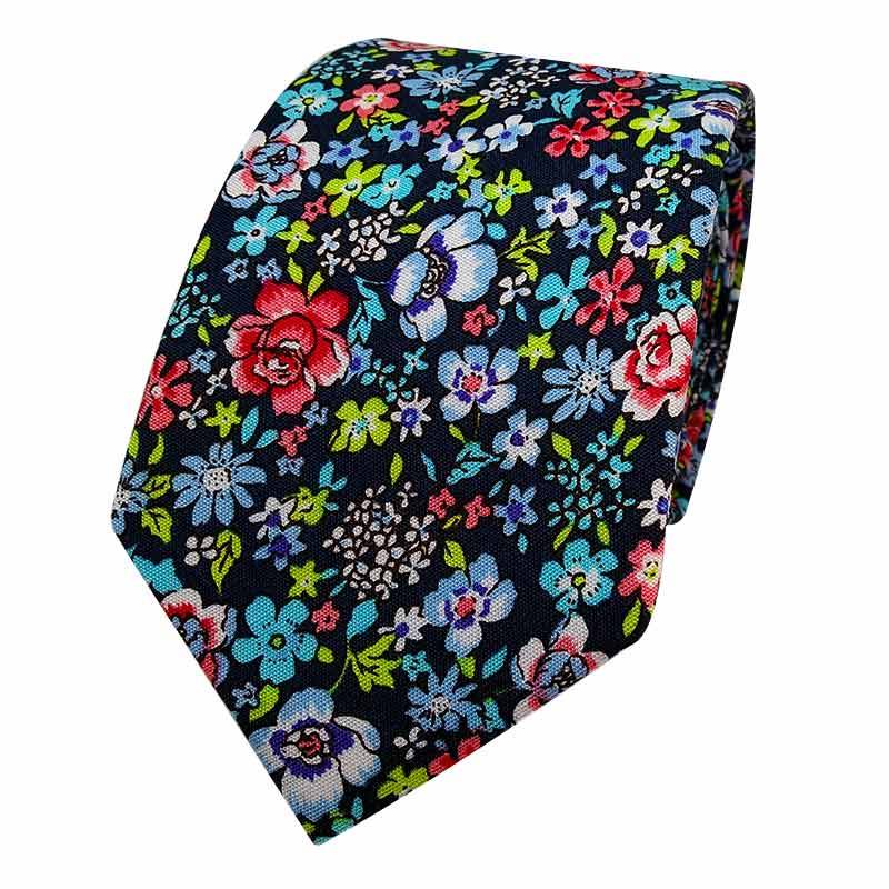 Cravate liberty bleu foncé à fleurs multicolores