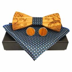 Coffret nœud papillon en bois avec pochette de costume bleue assortie et boutons de manchette en bois - Le cerf et les oies