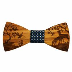 Nœud papillon en bois gravé et tissu bleu avec pochette assortie et boutons de manchette en bois - Le cerf et les oies