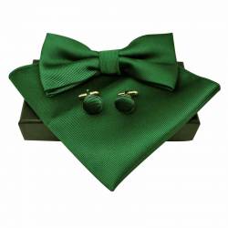 Nœud papillon vert foncé en soie avec pochette de costume et boutons de manchette