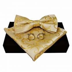 Coffret nœud papillon champagne et motifs couleur or en soie avec pochette de costume assortie et boutons de manchette